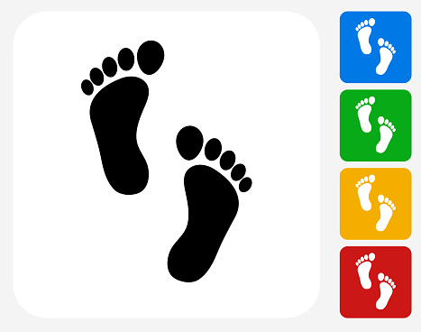 Foot Prints Icon. This 100% royalty free vector illustration features the main icon pictured in black inside a white square. The alternative color options in blue, green, yellow and red are on the right of the icon and are arranged in a vertical column.