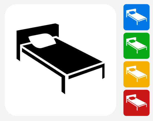 Bed Icon Flat Graphic Design Bed Icon. This 100% royalty free vector illustration features the main icon pictured in black inside a white square. The alternative color options in blue, green, yellow and red are on the right of the icon and are arranged in a vertical column. head board bed blue stock illustrations