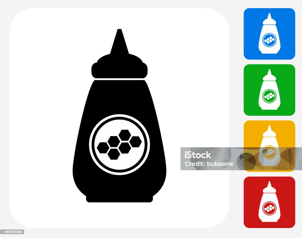 Honey Bottle Icon Flat Graphic Design Honey Bottle Icon. This 100% royalty free vector illustration features the main icon pictured in black inside a white square. The alternative color options in blue, green, yellow and red are on the right of the icon and are arranged in a vertical column. 2015 stock vector