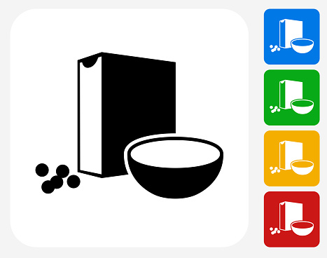 Cereal Icon. This 100% royalty free vector illustration features the main icon pictured in black inside a white square. The alternative color options in blue, green, yellow and red are on the right of the icon and are arranged in a vertical column.