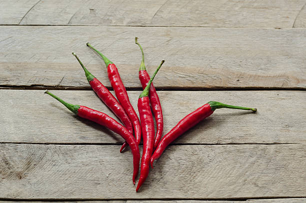 istock Red chili on an wooden background 487562872
