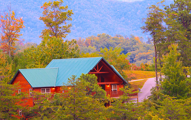 cabina in legno a pigeon forge - blue ridge mountains autumn great smoky mountains tree foto e immagini stock
