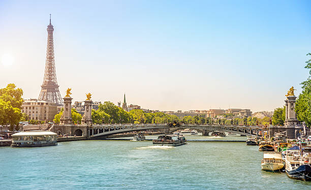 eiffel tower and bridge alexandre iii over seine river - paris bildbanksfoton och bilder