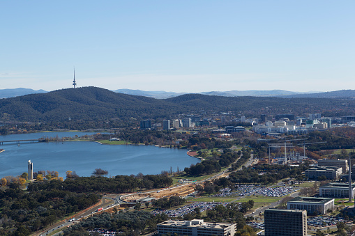 Aerial view of Canberra the Australian capital city, blue mountains in background and telstra tower.