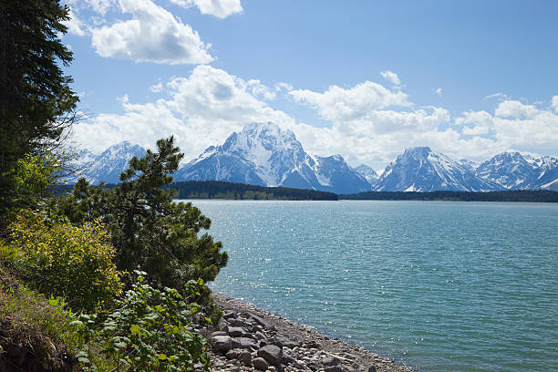 Jackson Lake below the Grand Teton mountain range on a sunny afternoon