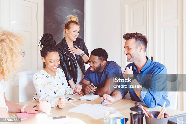Startup Agency Multi Ethnic Team Brainstorming Stock Photo - Download Image Now - 2015, Adult, African Ethnicity