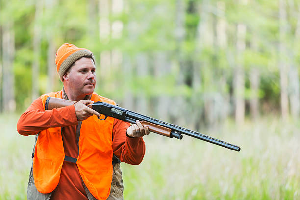 istock Hunter with shotgun in field near woods 487567958