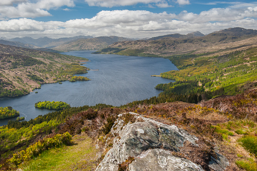 Looking over Loch Katrine in The Trossachs National Park in the Scottish Highlands from the summit of Ben A'an