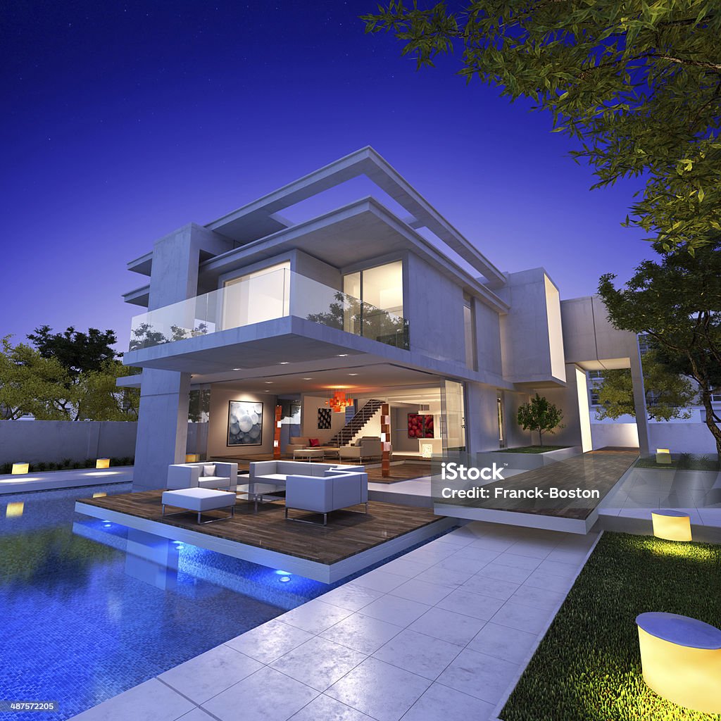 floating house External view of a contemporary house with pool at dusk House Stock Photo