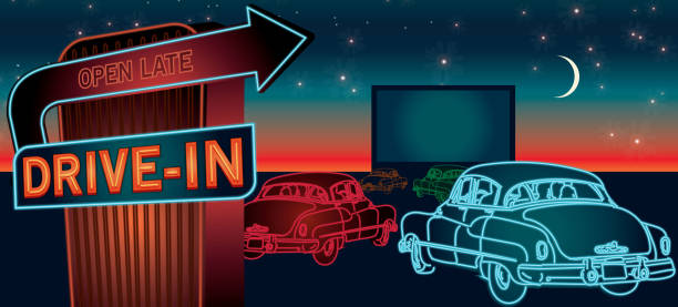 illustrations, cliparts, dessins animés et icônes de classic drive-in theatre avec des voitures et signe néon - drive in restaurant