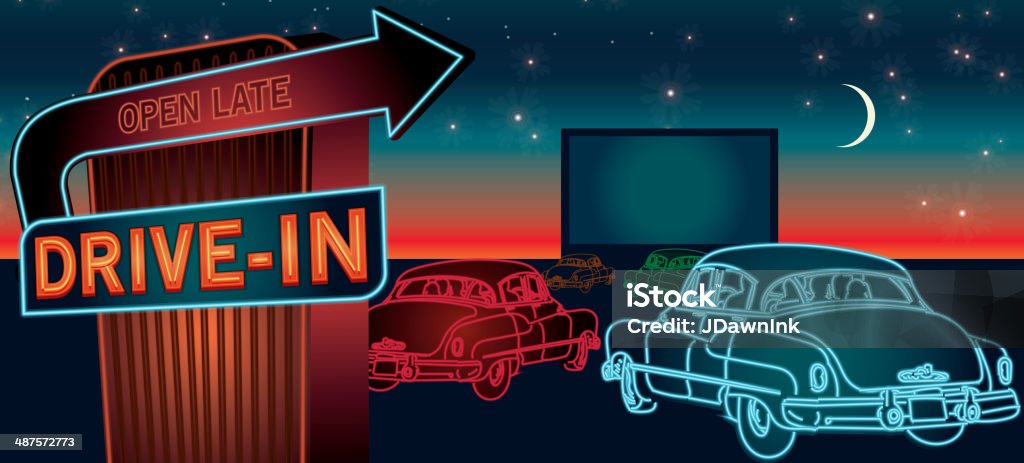 Classic Drive-In Theatre with cars and  neon sign Drive-in Movie stock vector