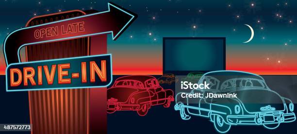 Classic Drivein Theatre With Cars And Neon Sign Stock Illustration - Download Image Now - Drive-in Movie, Movie Theater, Retro Style