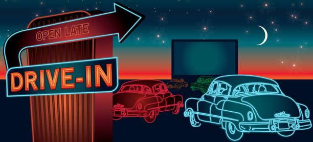 classic drive-in theatre with cars and  neon sign - 霓虹色 插圖 幅插畫檔、美工圖案、卡通及圖標