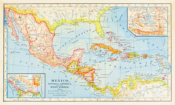 illustrazioni stock, clip art, cartoni animati e icone di tendenza di 1883 mappa di america centrale - map gulf of mexico cartography usa