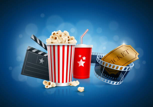 Cinema concept Popcorn box; Disposable cup for beverages with straw, film strip, ticket and clapper board. Detailed vector illustration. EPS10 file. popcorn and movie stock illustrations