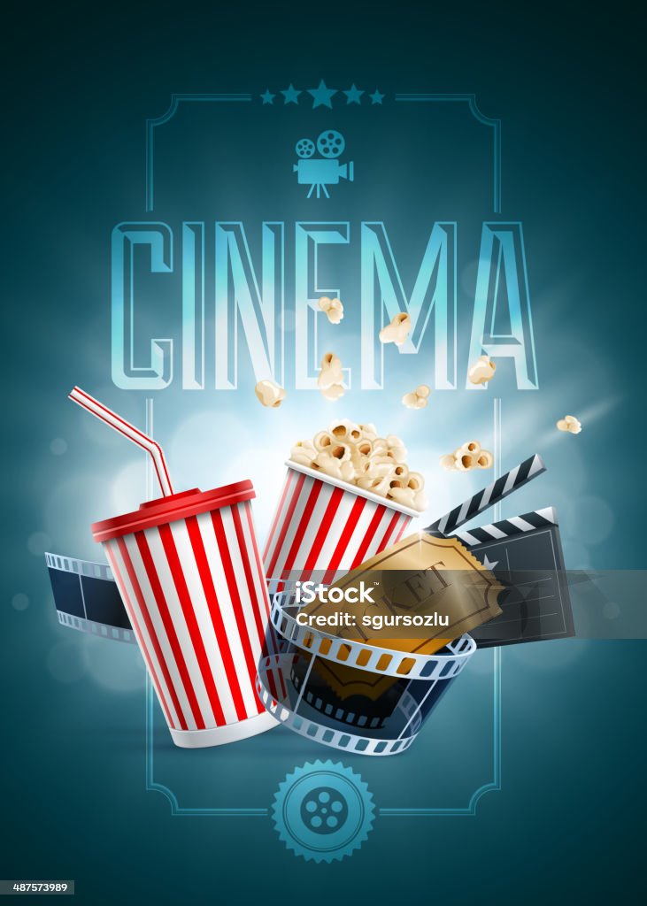 Cinema Poster Design Template Popcorn box; disposable scup for beverages with straw, film strip, clapper board and ticket. Cinema Poster Design Template. Detailed vector illustration. EPS10 file. Movie Theater stock vector