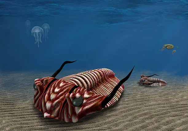 Prehistoric trilobite scavenging on the ocean floor