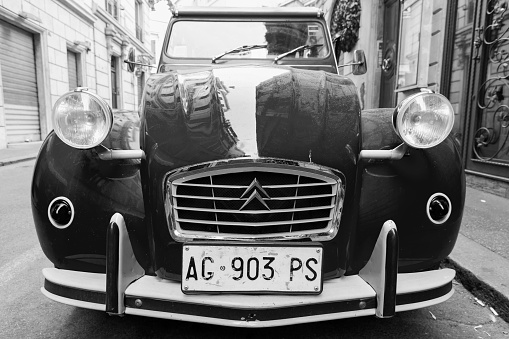 Rome, Italy - August 9, 2015: Oldtimer Citroen 2cv6 Special car stands parked on the city roadside