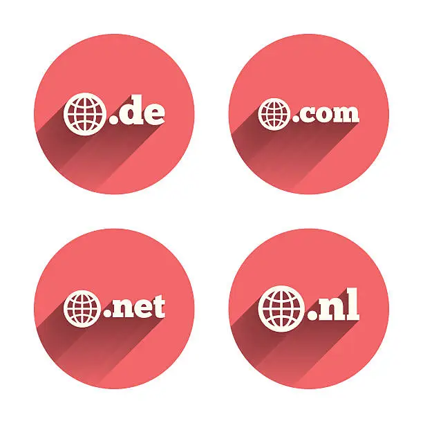 Vector illustration of Top-level domains signs. De, Com, Net and Nl