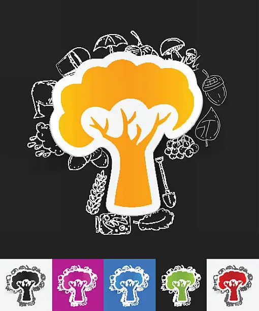 Vector illustration of tree paper sticker with hand drawn elements