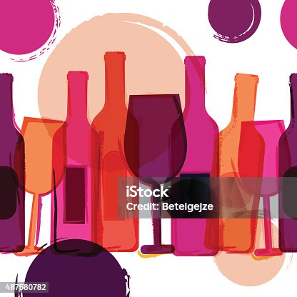 istock Abstract seamless vector background. Wine bottles, glasses and watercolor blots. 487580782