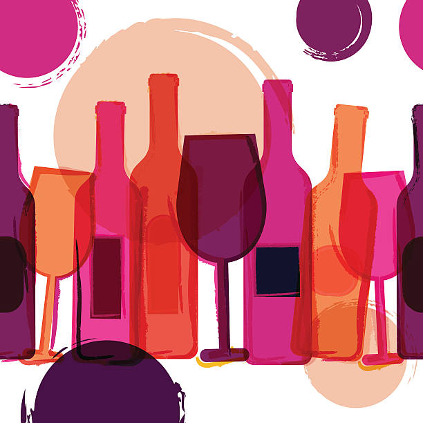 Abstract seamless vector background. Wine bottles, glasses and watercolor blots. Abstract seamless vector background. Red, pink wine bottles, glasses and watercolor blots. Concept for bar menu, party, alcohol drinks, holidays, wine list, flyer, brochure, poster, banner. cocktail wine bottle glass alcohol stock illustrations