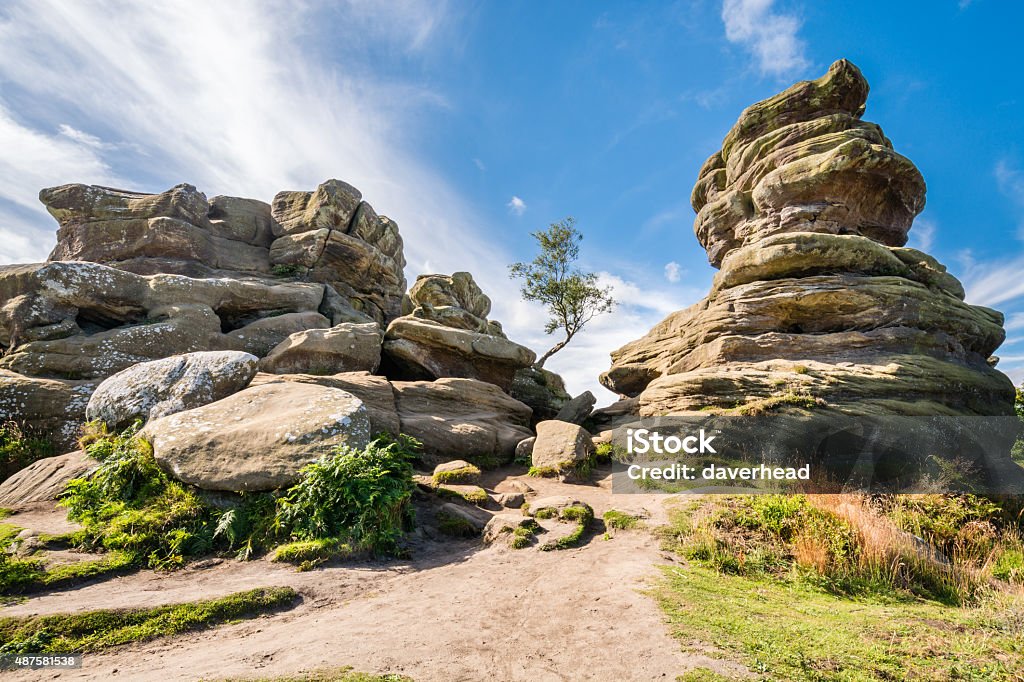 Weathered Brimham Rocks Brimham Rocks on Brimham Moor in North Yorkshire are weathered sandstone, known as Millstone Grit,creating some dramatic shapes, many of which have been named Brimham Rocks Stock Photo