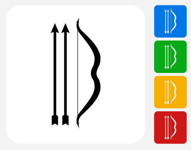 One Bow and Two Arrows Icon Flat Graphic Design One Bow and Two Arrows Icon. This 100% royalty free vector illustration features the main icon pictured in black inside a white square. The alternative color options in blue, green, yellow and red are on the right of the icon and are arranged in a vertical column. archery bow stock illustrations