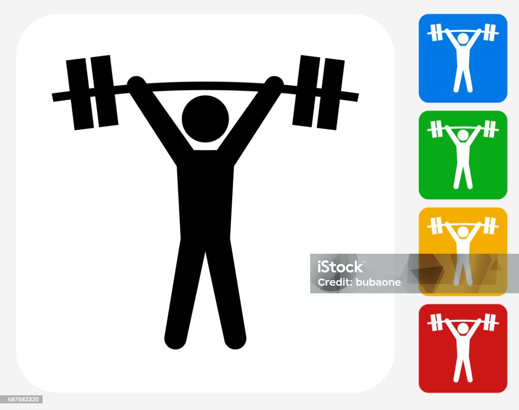 Weightlifter Icon Flat Graphic Design Weightlifter Icon. This 100% royalty free vector illustration features the main icon pictured in black inside a white square. The alternative color options in blue, green, yellow and red are on the right of the icon and are arranged in a vertical column. Weight Training stock vector