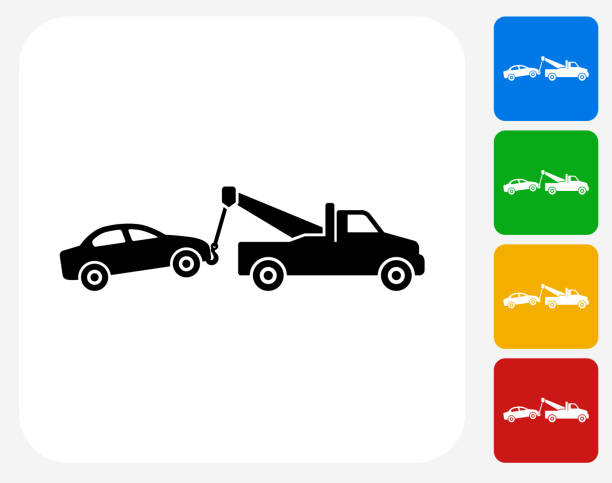 illustrazioni stock, clip art, cartoni animati e icone di tendenza di rimorchio camion icona piatto di design grafico - car motor vehicle towing repairing
