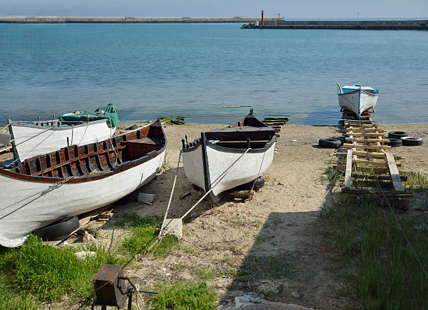 Boats on the shore in Balchik Town, Bulgaria, Eastern Europe.