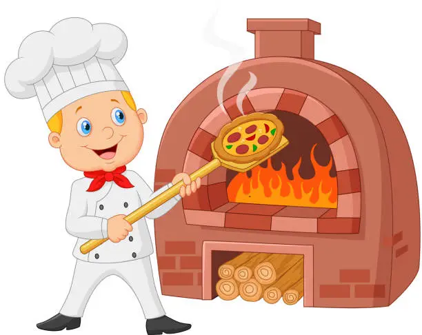 Vector illustration of Cartoon chef holding hot pizza with traditional oven
