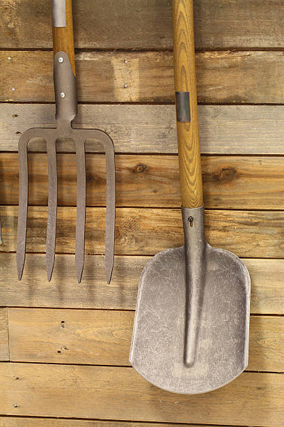 istock Garden utensils hanging on wooden wall 487585061
