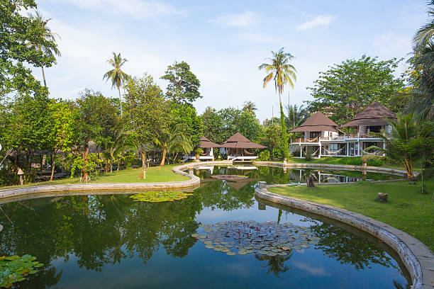 istock resort is next to the river surrounded by trees. 487587633