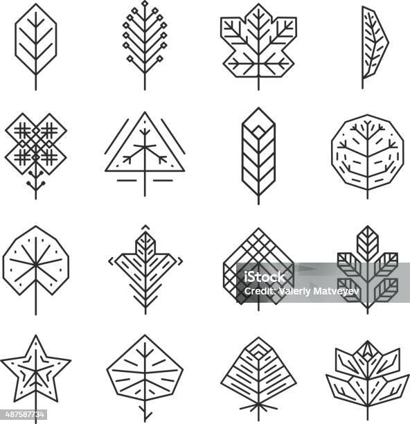 Hipster Geometric Thin Line Leaves For Logos And Emblems Stock Illustration - Download Image Now