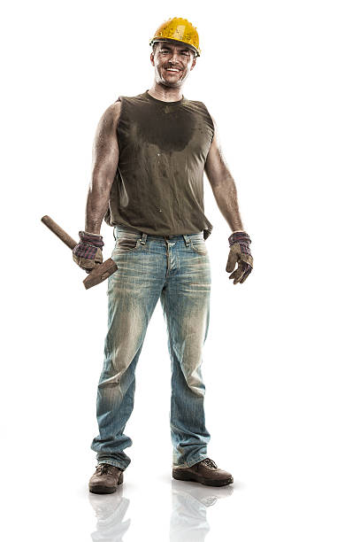 istock Young dirty Worker Man With Hard Hat helmet holding hammer 487587933