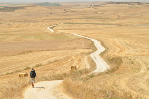 Boy walking during the pilgrimage Cammino de Santiago de Compostela - Spain. 