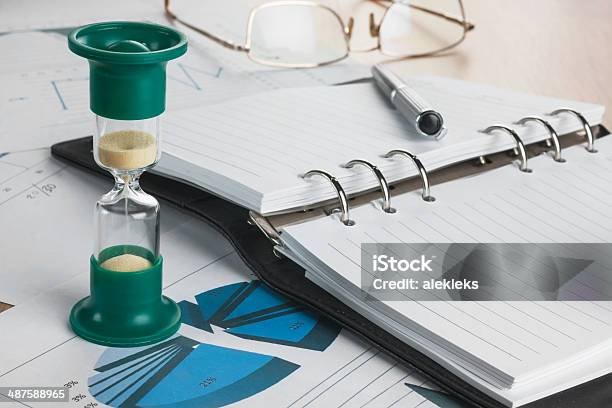 Hourglass Diary Glasses And Pen Stock Photo - Download Image Now - Backgrounds, Blank, Book