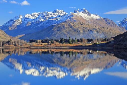 Lake with snow mountain reflections in the south Island, New Zealand