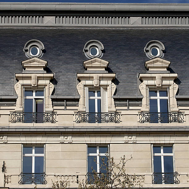 istock Paris apartment building facade and rooftop with balcony, French architecture 487590341