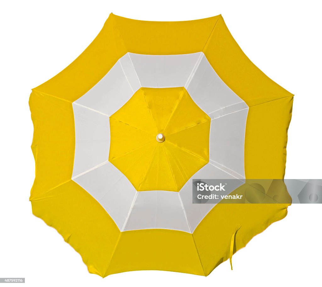 Beach umbrella with yellow and white stripes Opened beach umbrella with yellow and white stripes isolated on white. Top view. Clipping path included. Beach Umbrella Stock Photo