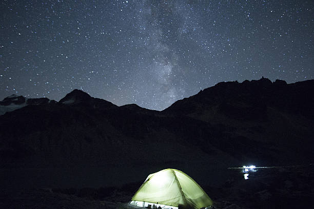 istock Green Tent in mountains  under milky way galaxy 487603646