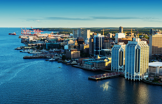 A low altitude aerial view of the Halifax skyline and waterfront in late evening.  Taken from an altitude of 500'.