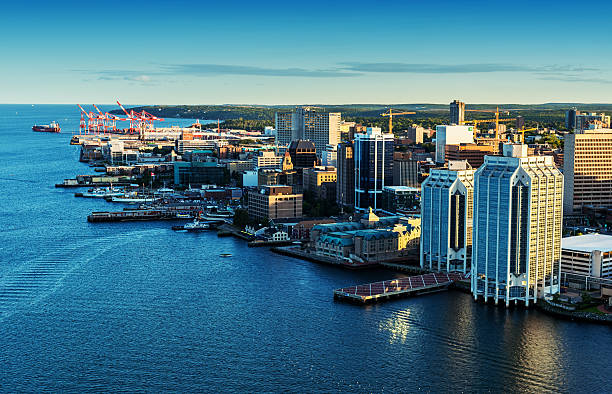 Aerial View of Halifax Skyline A low altitude aerial view of the Halifax skyline and waterfront in late evening.  Taken from an altitude of 500'. maritime provinces stock pictures, royalty-free photos & images