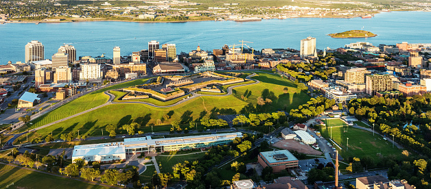 An aerial view of Citadel Hill located in the downtown core of Halifax.  Other notable landmarks include Citadel High School (foreground) and George's Island. Taken from an altitude of 500'.