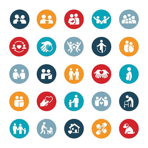 Couples and Family Relations Icons Icons representing couple and family relationships. The icons show couples holding hands, families, children, spouses and other loving relationship themes found within the family unit. vector love care old stock illustrations