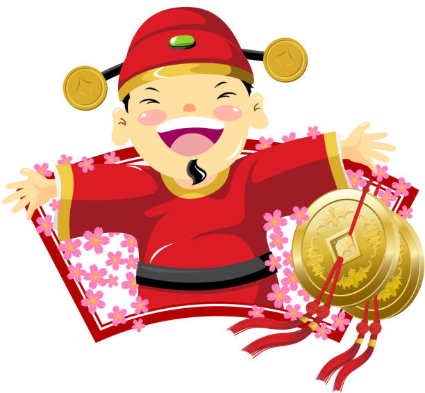 счастливый бог благосостояния - greeting chinese new year god coin stock illustrations