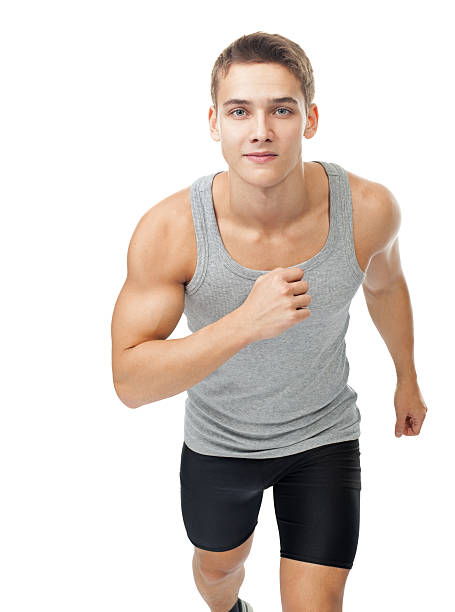 atleta di uomo in esecuzione - brown hair isolated on white short hair young men foto e immagini stock