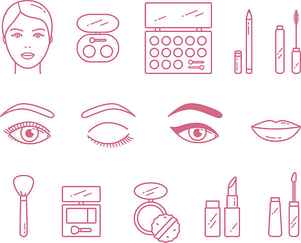wektor piękna makijaż kosmetyki zestaw ikon - make up ceremonial makeup cosmetics moisturizer stock illustrations