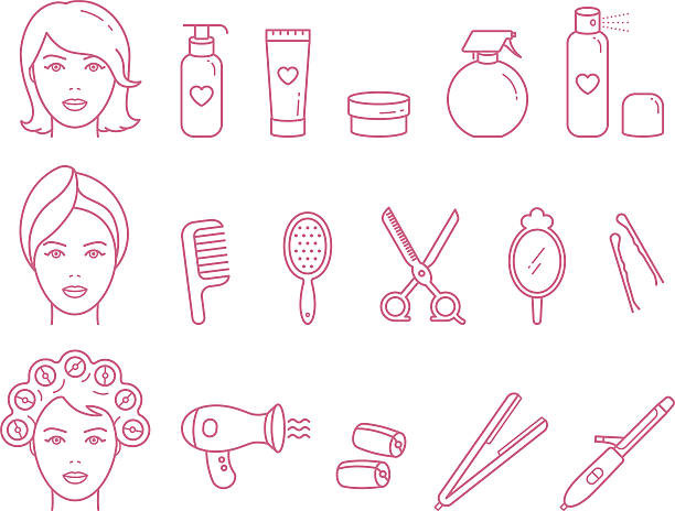 벡터 여자 헤어 케어 선형 아이콘 세트 - beauty spa human hair scissors hair dryer stock illustrations